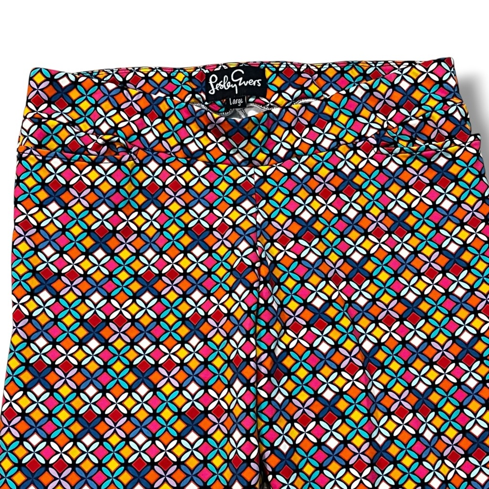 Lesley Evers Audrey Knit Pants Large Fioretta Colorful Geo Print Preppy Pockets - Picture 5 of 10